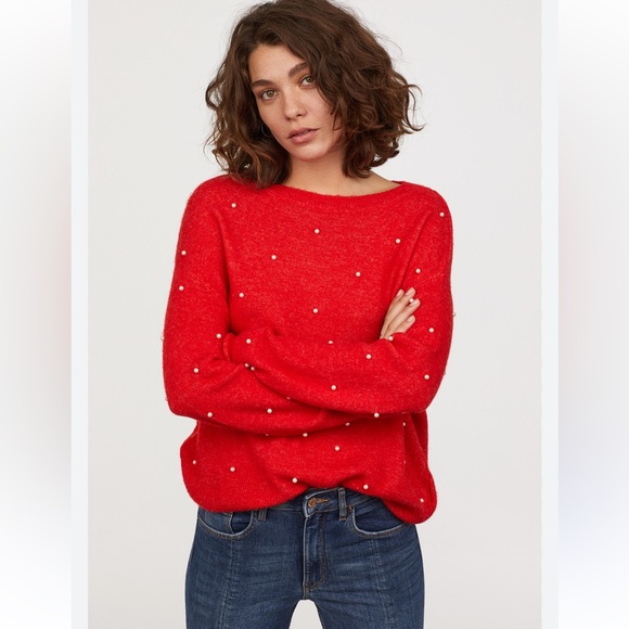 H&M Red Sweater with Pearl Embellishments  size M fits to XL - Picture 1 of 3